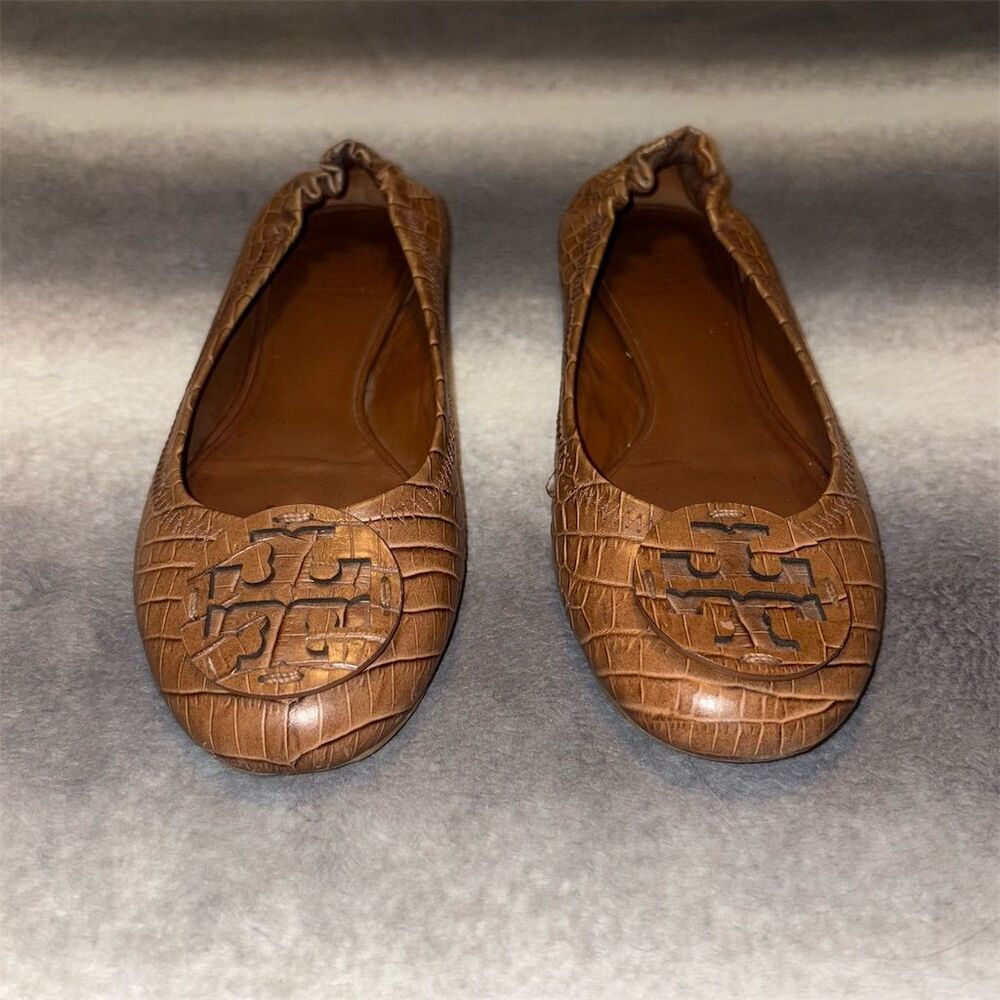 Tory Burch Reva Women's Brown Croc Embossed Ballet Flats Size 7.5 - Picture 3 of 9